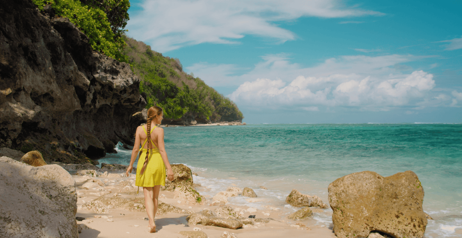Woman Enjoys Coast Sandy Green Bowl Beach Bali Island Indonesia