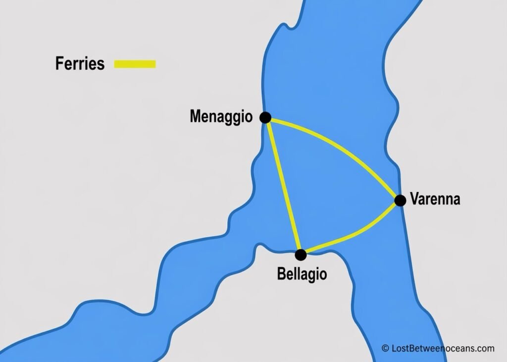 Map of Lake Como (Best Towns, Hotels & How to Plan Your Trip) 2 Colden triangle on the map of Lake Como that shows the ferry lines between Bellagio, Varenna and Menaggio