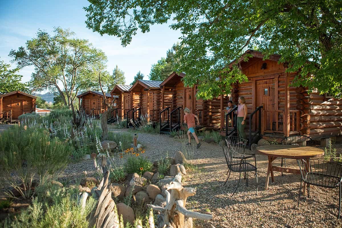 Charming wooden cabins nestled among native greenery and wildflowers at Lost Between Oceans, creating a serene escape immersed in natural beauty and rustic charm.