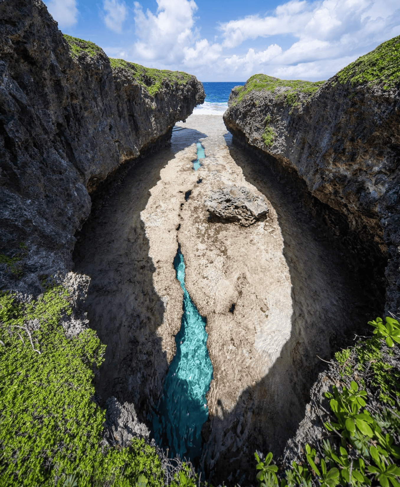 a water between rocks on a beach