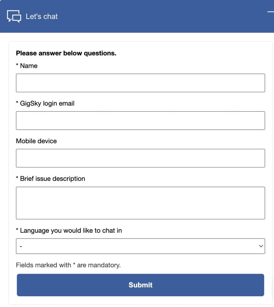 Customer support on the gigSky website
