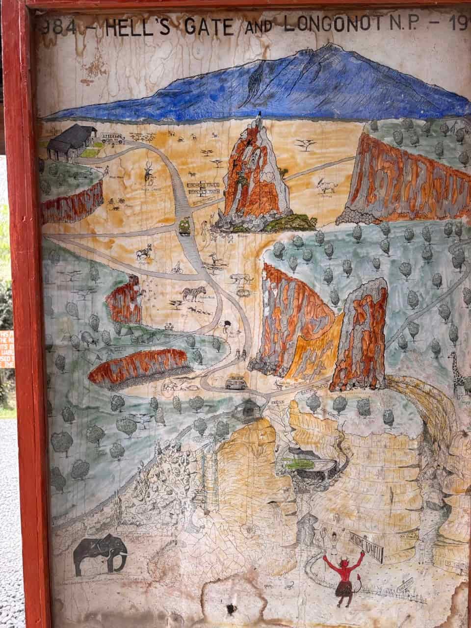 Colorful hand-drawn map of Hell's Gate and Longano N.P., highlighting geological formations, scenic routes, and points of interest at Lost Between Oceans.