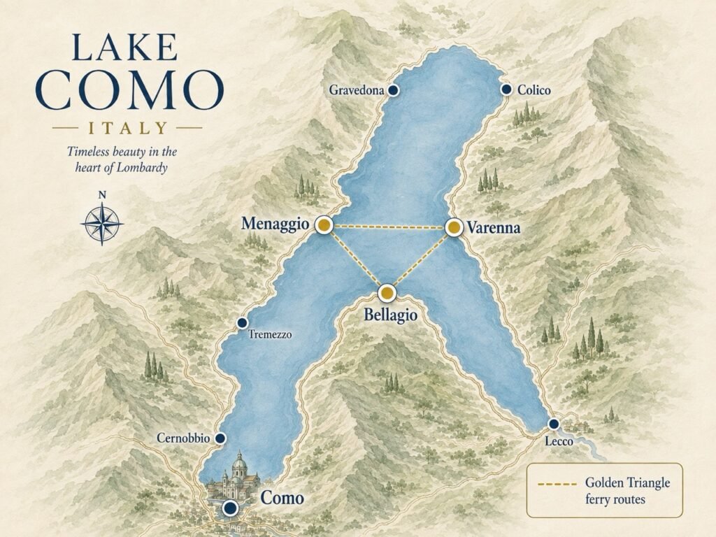 Map of Lake Como with the towns Gravedona, Como, Varenna, Colico, Menaggio, Lecco, Tremezzo, Bellagio and Cernobbio