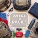 Thumbnail what to pack for Uruguay with many different items displayed like a duffle back, daypack, water bottle...